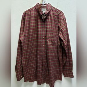 L.L. Bean mens Large Tall red plaid cotton long sleeve button up shirt